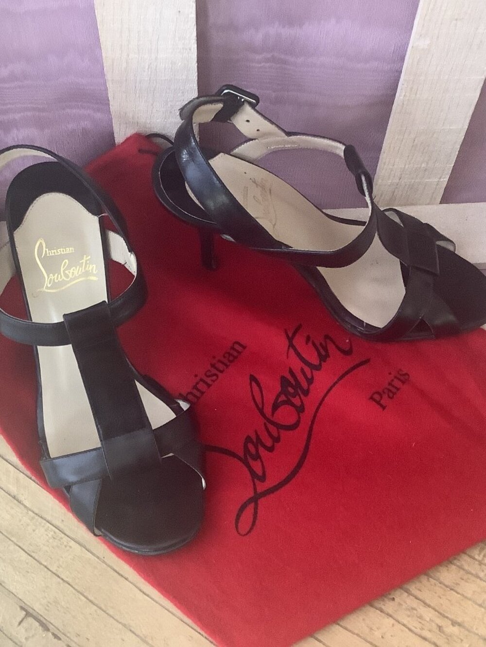 Black Louboutin T Strap Sandals size 36 1/2 (US 6 1/2)